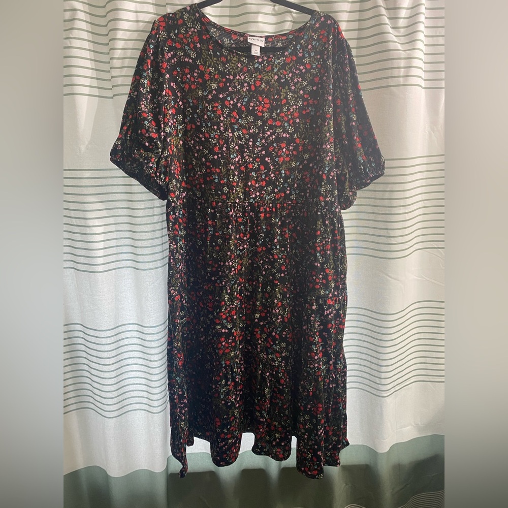 Ava & Viv Black Floral Midi Dress with Red and Green Accents